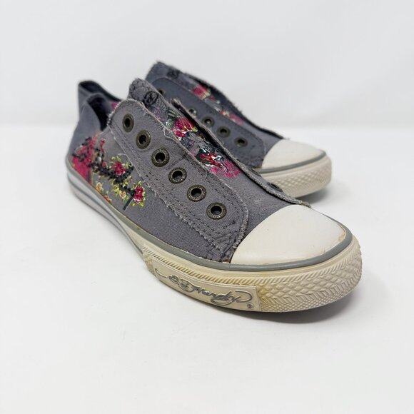 Vintage Y2K Ed Hardy	Gray Slip On Sneakers Women's Sz 9 Floral/Rhinestone Accent - Picture 1 of 12